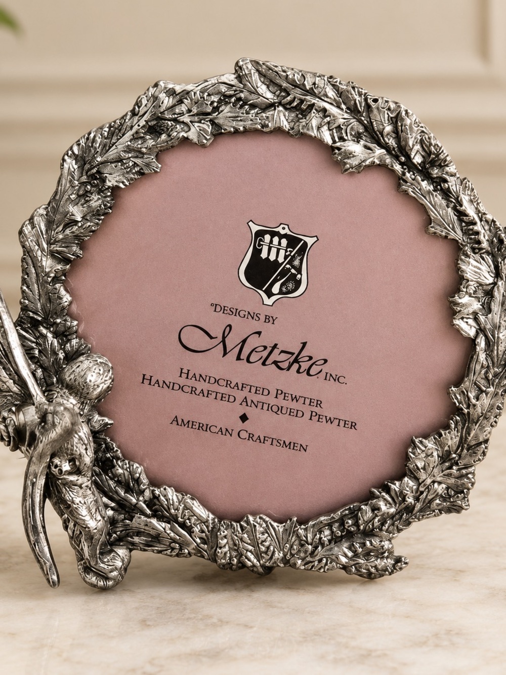 Metzke Handcrafted Pewter Leaf with Fairy Picture Frame with Pink Mat